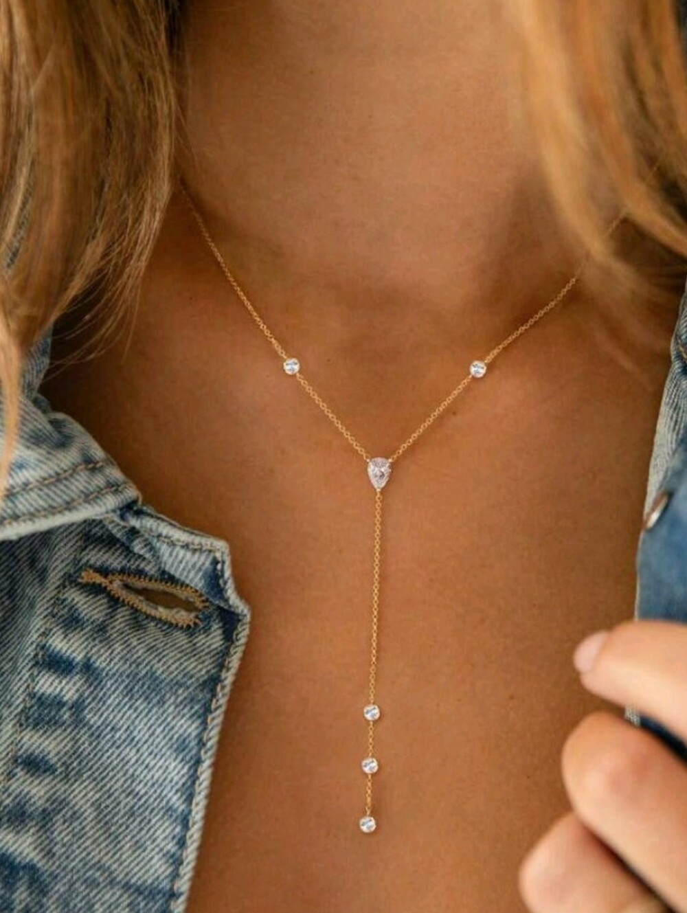 18K Gold Plated Dainty & Minimalist Teardrop CZ Bezel Lariat Chain Necklace